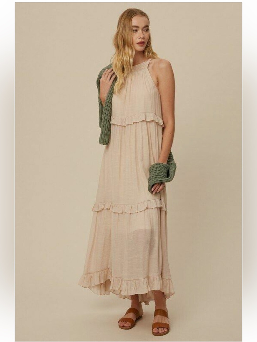 NWT: Listicle Champagne Textured Knit Ruffle Tiers Sleeveless Maxi Dress• Small